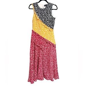 Saloni Colorblock Polka Dot Silk Midi Dress